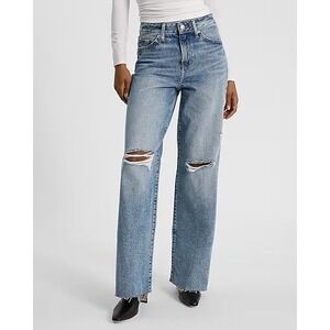 EXPRESS Wide Leg High Rise‎ Raw Hem Distressed Denim Jeans 29 8 Long